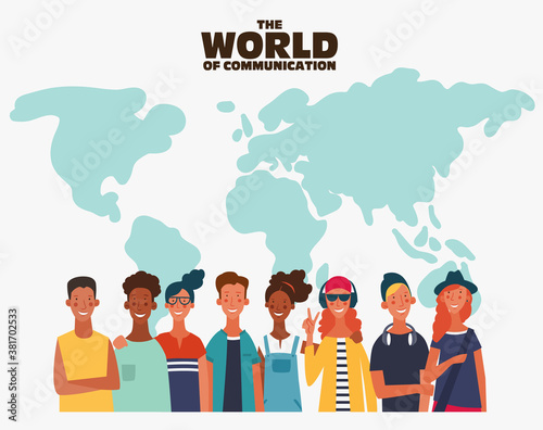 Group of young people with world map. Communication, teamwork and connection vector concept 