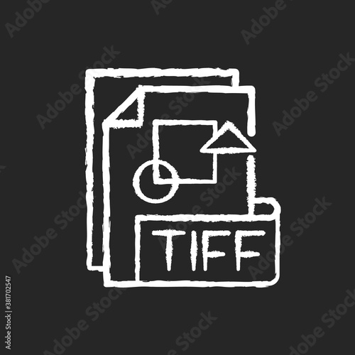 TIFF file chalk white icon on black background. Tagged image file format. TIF. Lossless compression. Image integrity and clarity. Professional photography. Isolated vector chalkboard illustration