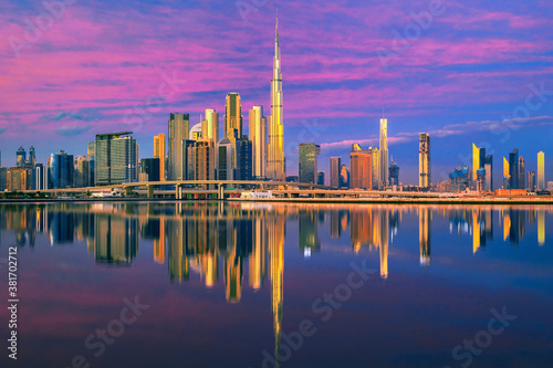 View on Dubai skyline with reflection at the sunrise  Dubai  United Arab Emirates 