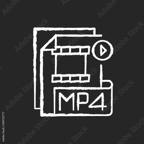 MP4 file chalk white icon on black background. Digital multimedia container format. Video, audio and text storing. MPEG-4. High quality video. Isolated vector chalkboard illustration