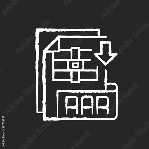 RAR file chalk white icon on black background. Archive file format. Data compression. Error recovery. File spanning. Archiver. Data container. Isolated vector chalkboard illustration