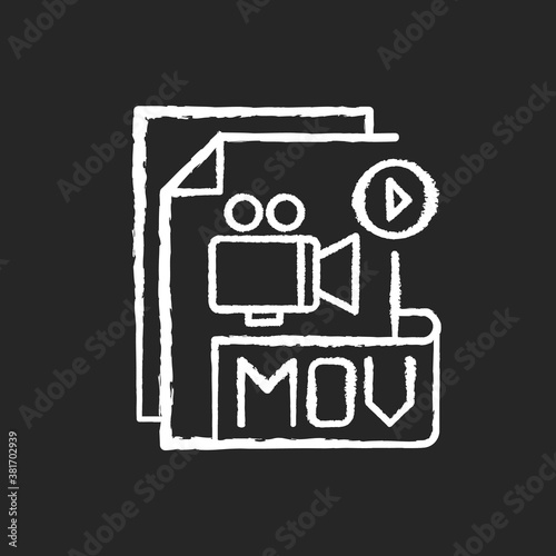 MOV file chalk white icon on black background. MPEG-4 multimedia container file format. Videoplayer. Video data storing. Audio, timecode. Compression algorithm. Isolated vector chalkboard illustration