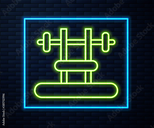 Glowing neon line Bench with barbel icon isolated on brick wall background. Gym equipment. Bodybuilding, powerlifting, fitness concept. Vector.