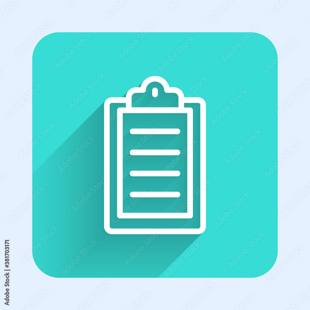 White line Sport training program or fitness plan icon isolated with long shadow. Green square button. Vector. White line Sport training program or fitness plan icon isolated with long shadow. Green square button. Vector.