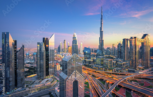 Dubai city center skyline with luxury skyscrapers  United Arab Emirates