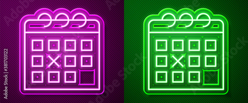 Glowing neon line Calendar fitness icon isolated on purple and green background. Training schedule. Vector.