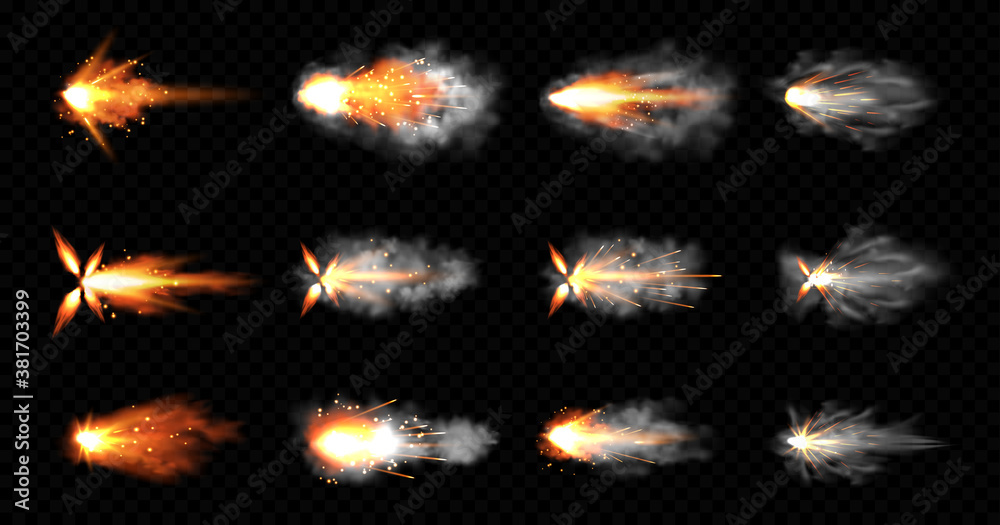 Gun flashes with smoke and fire sparkles. Pistol shots clouds, muzzle shotgun explosion. Blast motion, weapon bullets trails isolated on black background. Realistic 3d vector illustration, icons set