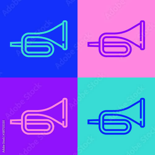Pop art line Musical instrument trumpet icon isolated on color background. Vector.