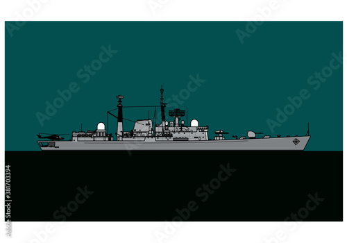 Royal Navy Type 42 Batch III guided missile destroyer. Navy escort ship. Vector image for illustrations and infographics.