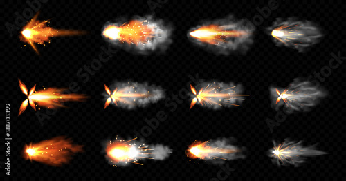 Gun flashes with smoke and fire sparkles. Pistol shots clouds, muzzle shotgun explosion. Blast motion, weapon bullets trails isolated on black background. Realistic 3d vector illustration, icons set photo