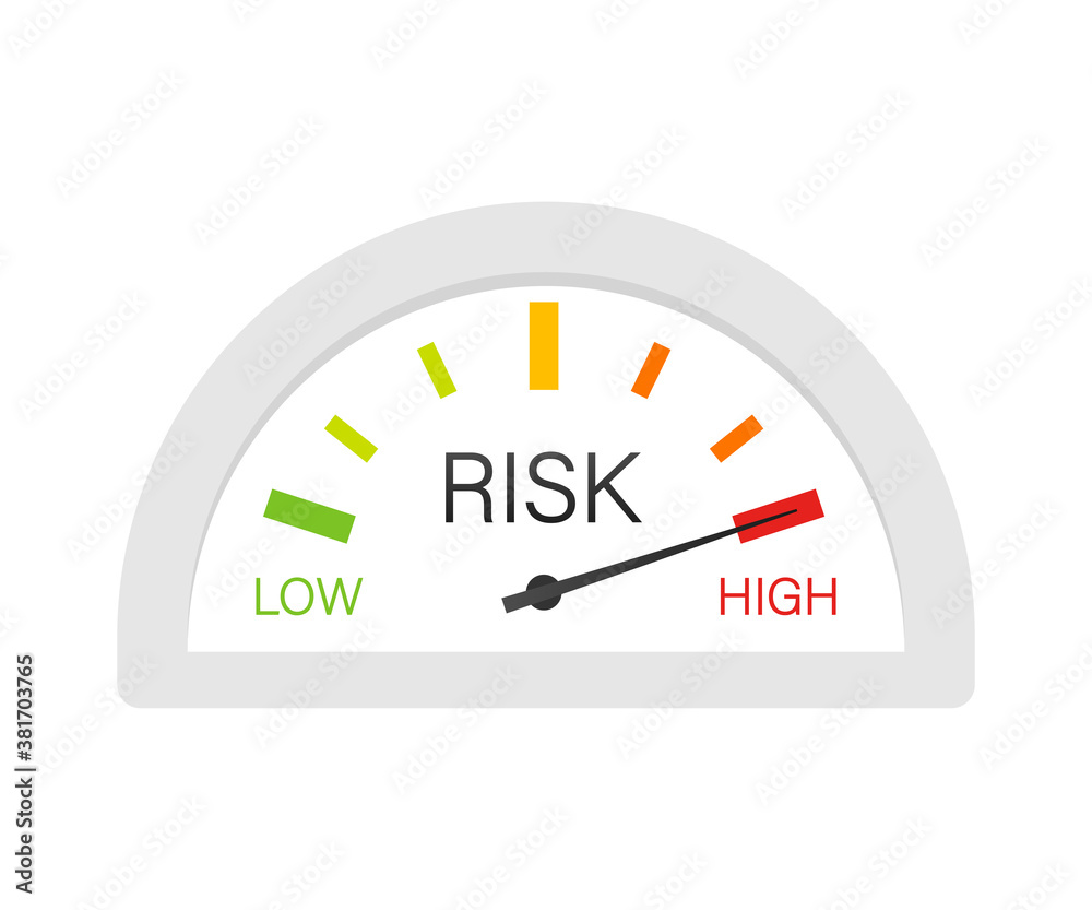 Risk icon on speedometer. High risk meter. Vector stock illustration. Risk icon on speedometer. High risk meter. Vector stock illustration.