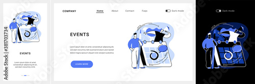 Events website UI kit. Corporate events, event calendar, notification, website menu bar, UI element, business meeting, commercial exhibition, schedule landing and mobile app vector UI template.
