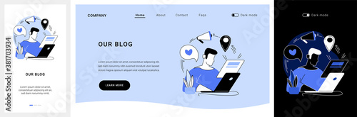Blog articles website UI kit. Blog menu element, subscribe for publications, news article, company website page, web element, UI design, blogging resource landing and mobile app vector UI template.