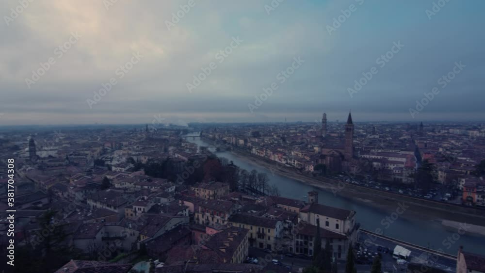 Italy - Panning View over City Buildings & Houses of Verona & Adige River, Blue Hour Morning View Italy - Panning View over City Buildings & Houses of Verona & Adige River, Blue Hour Morning View