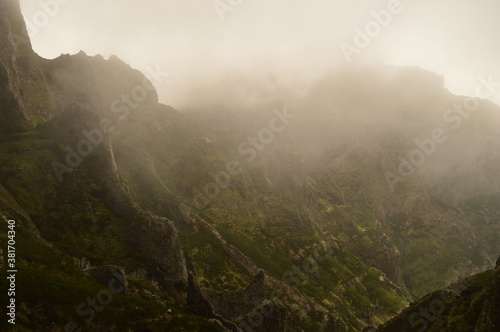 The dramatic, misty and beautiful mountain landscape of Madeira Island in Portugal