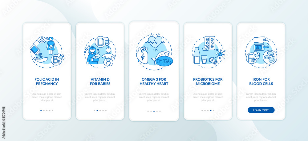 Essential supplements onboarding mobile app page screen with concepts. Vitamin D for babies, probiotics walkthrough 5 steps graphic instructions. UI vector template with RGB color illustrations
