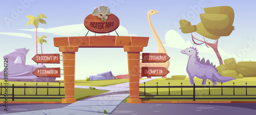 Jurassic park gates with pointers to dinosaurs triceratops, pteranodon, stegosaurus, oviraptor areas. Outdoor dino zoo with prehistoric era landscapek, rocks and palm trees Cartoon vector illustration