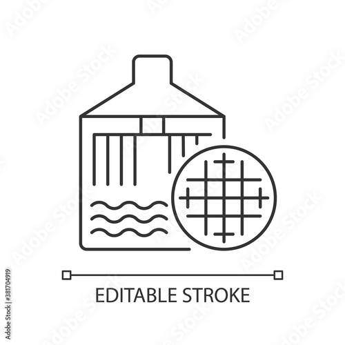 Filtering pixel perfect linear icon. Beer production in industrial boiler. Brewery technology. Thin line customizable illustration. Contour symbol. Vector isolated outline drawing. Editable stroke