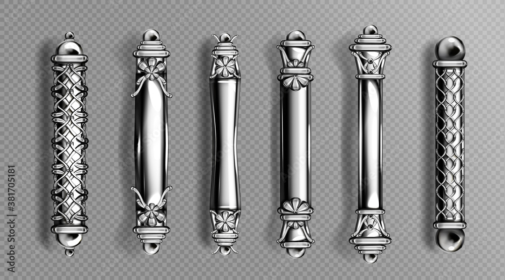 Silver door handles in baroque style, classic ornate luxurious oriental column knobs isolated on transparent background. Vintage chrome doorknobs, metal jewelry home decor, Realistic 3d vector - obrazy, fototapety, plakaty 