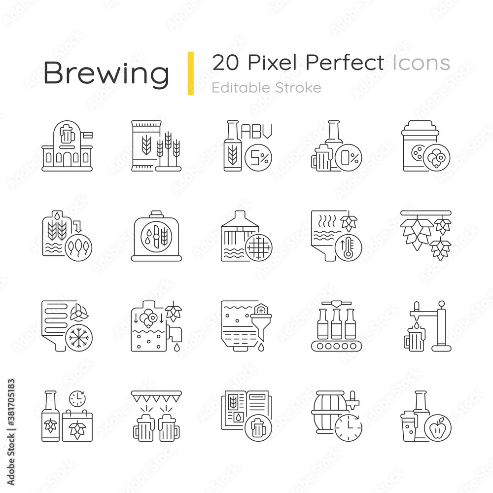 Brewing pixel perfect linear icons set. Beer production. Factory produce alcohol. Manufacturing process. Customizable thin line contour symbols. Isolated vector outline illustrations. Editable stroke