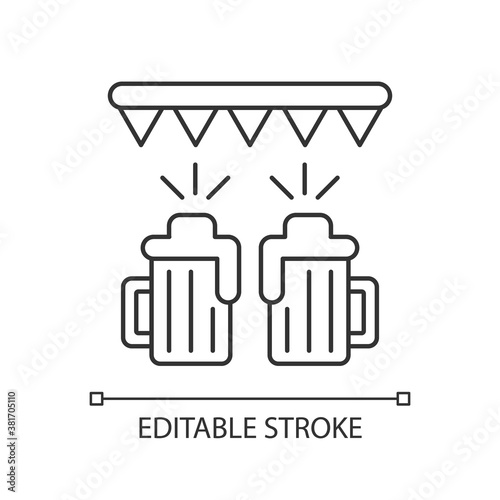 Beer festival pixel perfect linear icon. Fest with ale at bar. Pub party with booze. Thin line customizable illustration. Contour symbol. Vector isolated outline drawing. Editable stroke