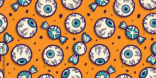 Colored seamless pattern wallpaper with scary horrible eyes, sweets and candy illustrations for halloween holiday design. October party banner, poster or postcard