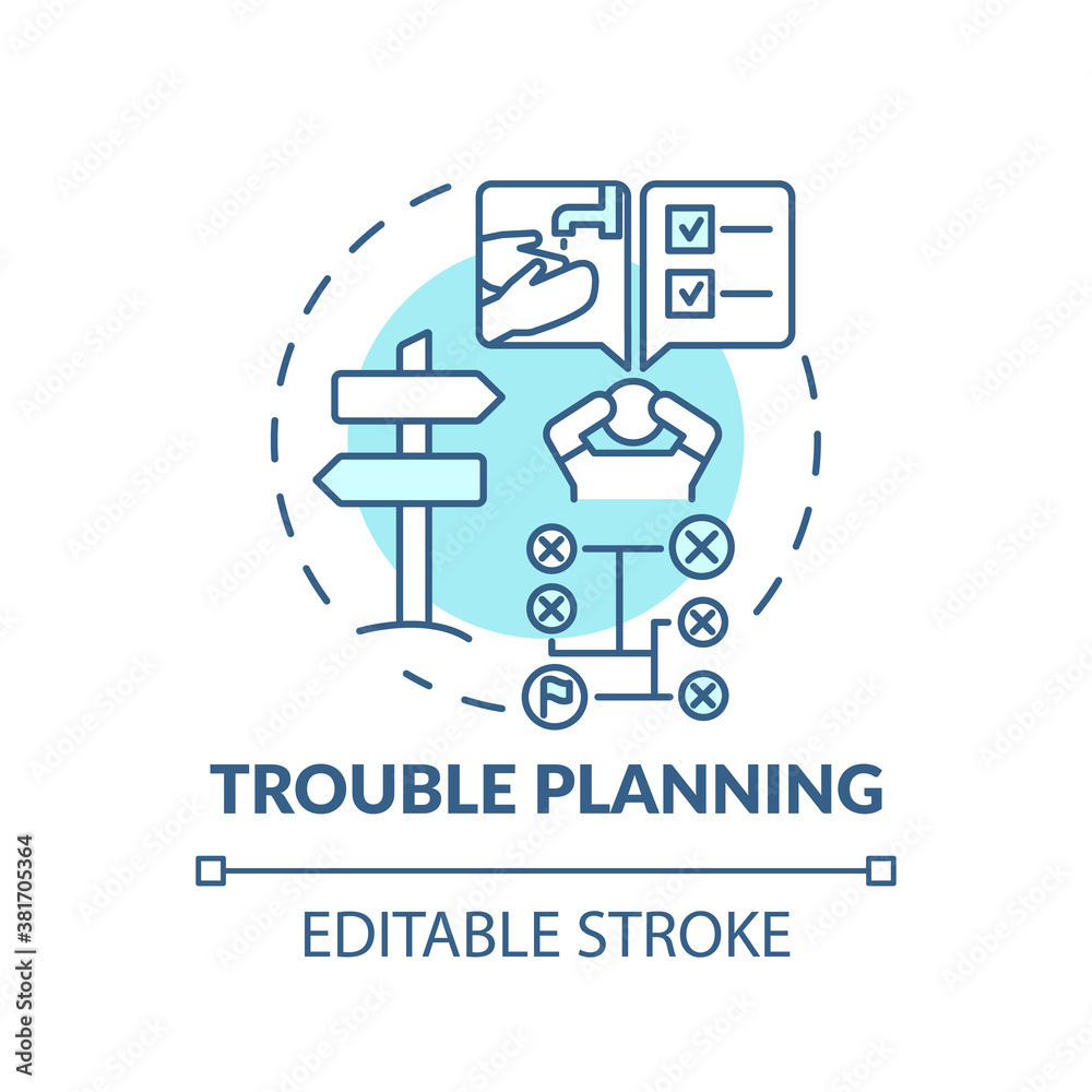 Trouble planning turquoise concept icon. Difficulty with decision. Symptom of Alzheimer. Brain health problem idea thin line illustration. Vector isolated outline RGB color drawing. Editable stroke