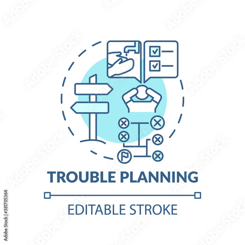 Trouble planning turquoise concept icon. Difficulty with decision. Symptom of Alzheimer. Brain health problem idea thin line illustration. Vector isolated outline RGB color drawing. Editable stroke