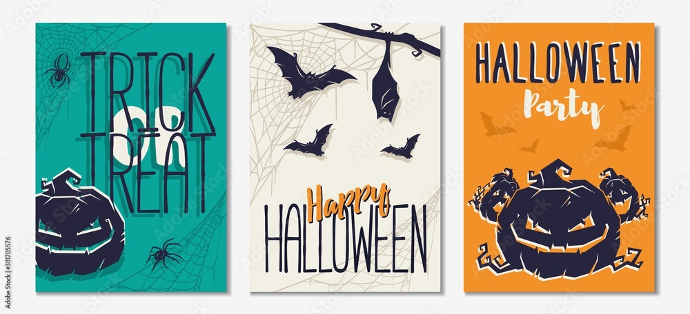 Colored halloween party invitation, banner, poster or postcard with scary horrible pumpkin, bats and spider web illustrations for october holiday design