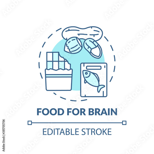 Food for brain turquoise concept icon. Dark chocolate. Oily fish. Healthy eating. Nutritious nuts. Brain health idea thin line illustration. Vector isolated outline RGB color drawing. Editable stroke