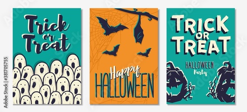Colored halloween party invitation, banner, poster or postcard with scary horrible pumpkin, bats and ghost illustrations for october holiday design