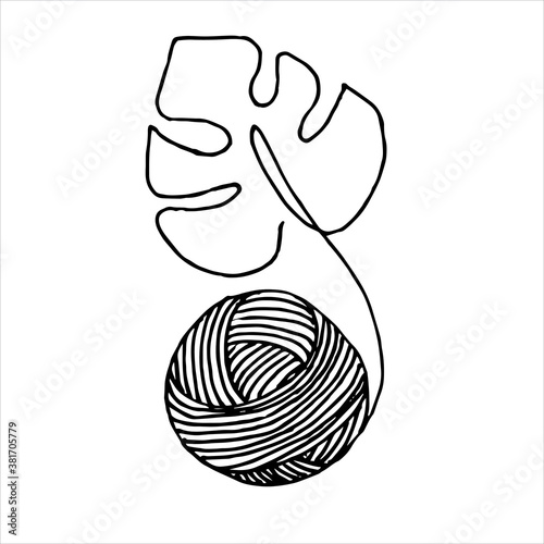 vector illustration in doodle style, knitting yarn ball in a shopping bag. minimalistic logo of modern knitting, crocheting, needlework. buy yarn, sale, handmade shop.