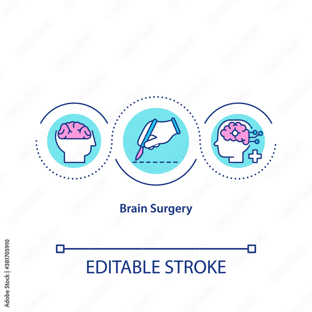Brain surgery concept icon. Neurological operation, neurosurgery idea thin line illustration. Neurobiology, brain autopsy and research. Vector isolated outline RGB color drawing. Editable stroke