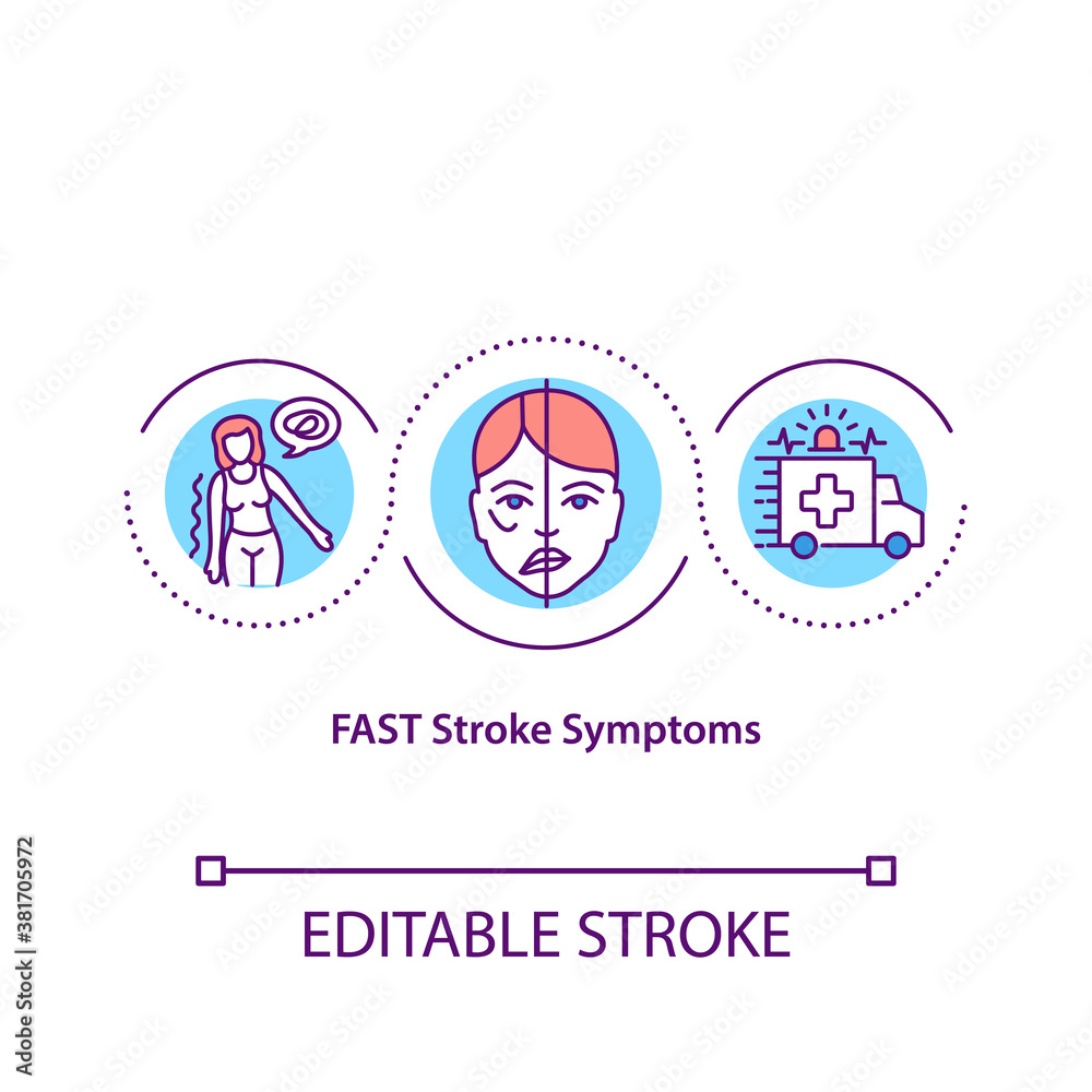 FAST stroke symptoms concept icon. Typical signs of stroke idea thin line illustration. Facial drooping, arm weakness and speech difficulty. Vector isolated outline RGB color drawing. Editable stroke FAST stroke symptoms concept icon. Typical signs of stroke idea thin line illustration. Facial drooping, arm weakness and speech difficulty. Vector isolated outline RGB color drawing. Editable stroke