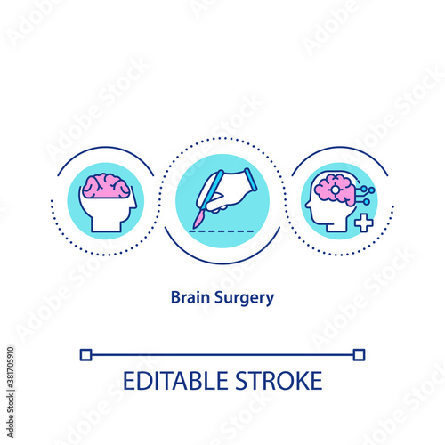 Brain surgery concept icon. Neurological operation, neurosurgery idea thin line illustration. Neurobiology, brain autopsy and research. Vector isolated outline RGB color drawing. Editable stroke