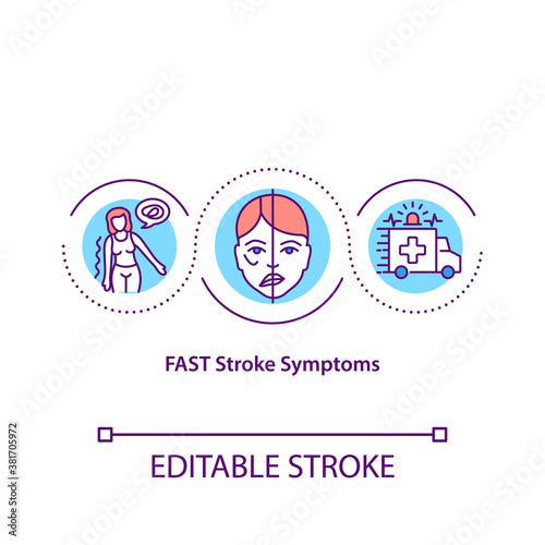FAST stroke symptoms concept icon. Typical signs of stroke idea thin line illustration. Facial drooping, arm weakness and speech difficulty. Vector isolated outline RGB color drawing. Editable stroke