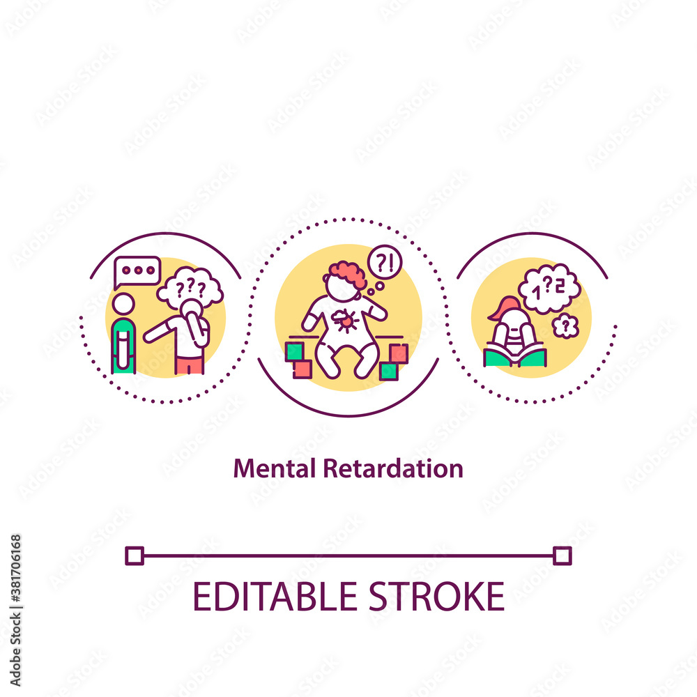 Mental retardation concept icon. Learning disability, down syndrome. Cognitive disorders, arrested development idea thin line illustration. Vector isolated outline RGB color drawing. Editable stroke Mental retardation concept icon. Learning disability, down syndrome. Cognitive disorders, arrested development idea thin line illustration. Vector isolated outline RGB color drawing. Editable stroke