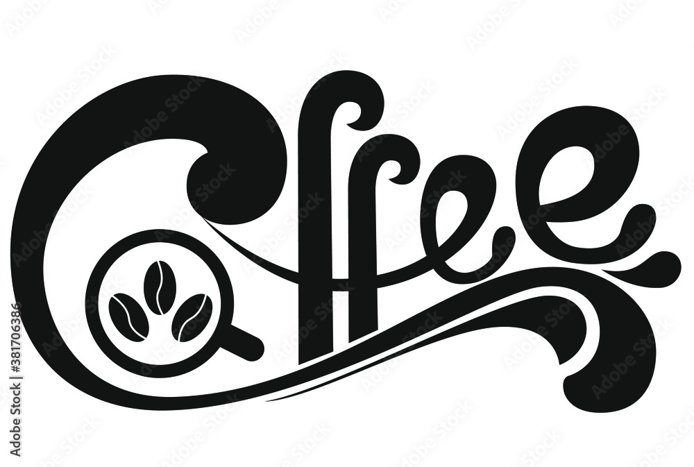 Fototapeta premium Coffee vector logo, typography, sign in black and white. Advertising poster or template design. Modern lettering logotype, coffee signboard. Design elements. Vector illustration.