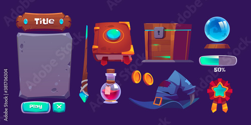 Magic game interface with book of spell, magic wand and bottle with potion. Vector cartoon set of gui elements for game about witchcraft with experience bar, buttons, wizard hat and treasure chest
