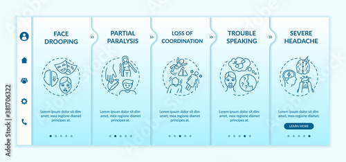 Stroke symptoms onboarding vector template. Trouble speaking. Severe headache. Brain health problem. Responsive mobile website with icons. Webpage walkthrough step screens. RGB color concept