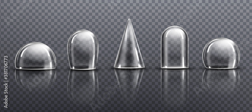 Glass or clear plastic domes different shapes. Vector realistic mockup of empty protection cover, acrylic bell jar. Round, cone and cylinder exhibition display cases isolated on transparent background