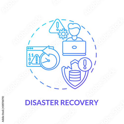 Disaster recovery concept icon. Security parameter idea thin line illustration. IT infrastructure. Catastrophic data loss. Database. Software tool. Vector isolated outline RGB color drawing