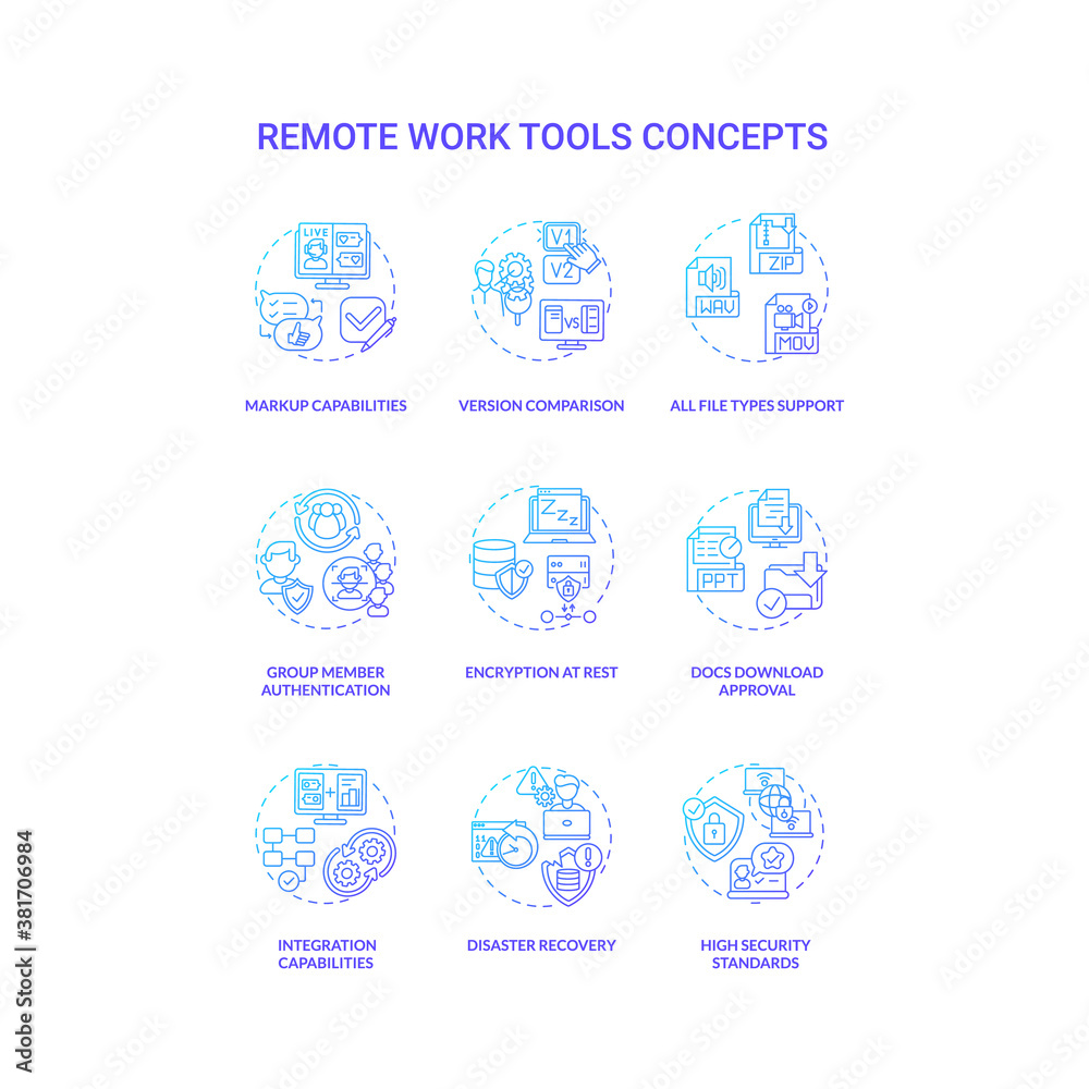 Remote work tools concept icons set. Online management idea thin line RGB color illustrations. Disaster recovery. All file types support. Group member authentication. Vector isolated outline drawings
