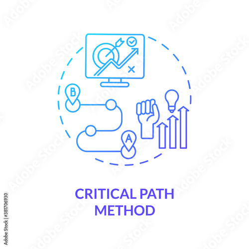 Critical path method concept icon. Software structure idea thin line illustration. Resource-utilization algorithm. Progress showing. Planned activities. Vector isolated outline RGB color drawing