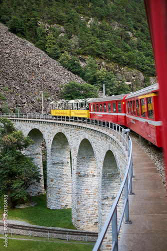 Brusio, Switzerland - July 21, 2020 : View of Brusio spiral viaduct