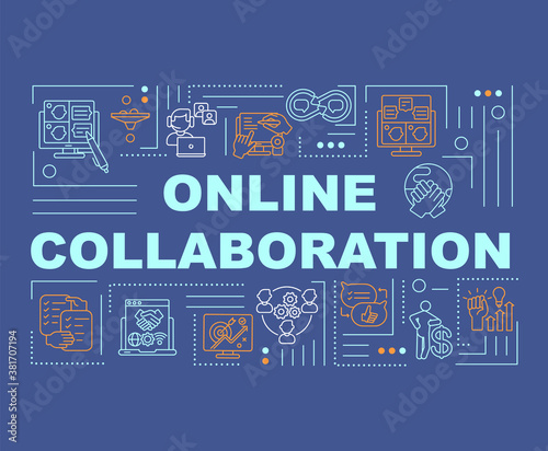 Online collaboration word concepts banner. Virtual communication. Infographics with linear icons on purple background. Isolated typography. Vector outline RGB color illustration