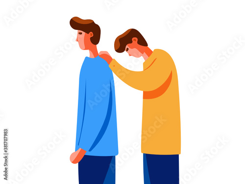  Person touching his friend shoulder showing compassion and showing condolence. Two male friends. Illustration isolated on a white background.  Vector.