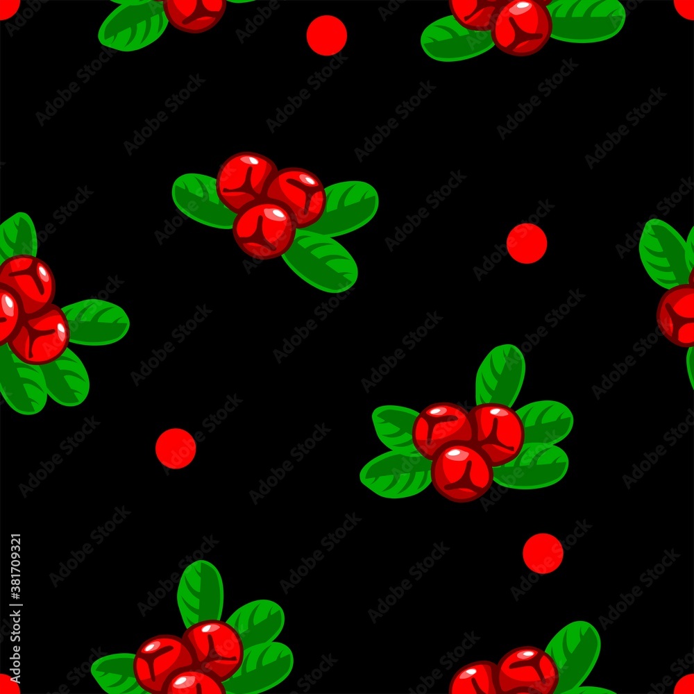 Seamless pattern red cranberry. Cranberries, berries on black background for fabric, wallpaper, packaging, textile, web design. Seamless pattern red cranberry. Cranberries, berries on black background for fabric, wallpaper, packaging, textile, web design.