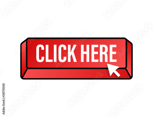Click here button with hand pointer clicking. Vector stock illustration.