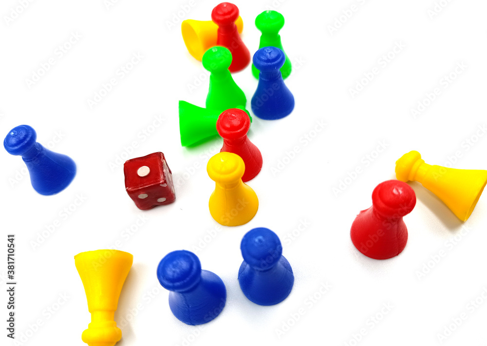 Board game Pieces and Dice over a plain white background. Board game Pieces and Dice over a plain white background.